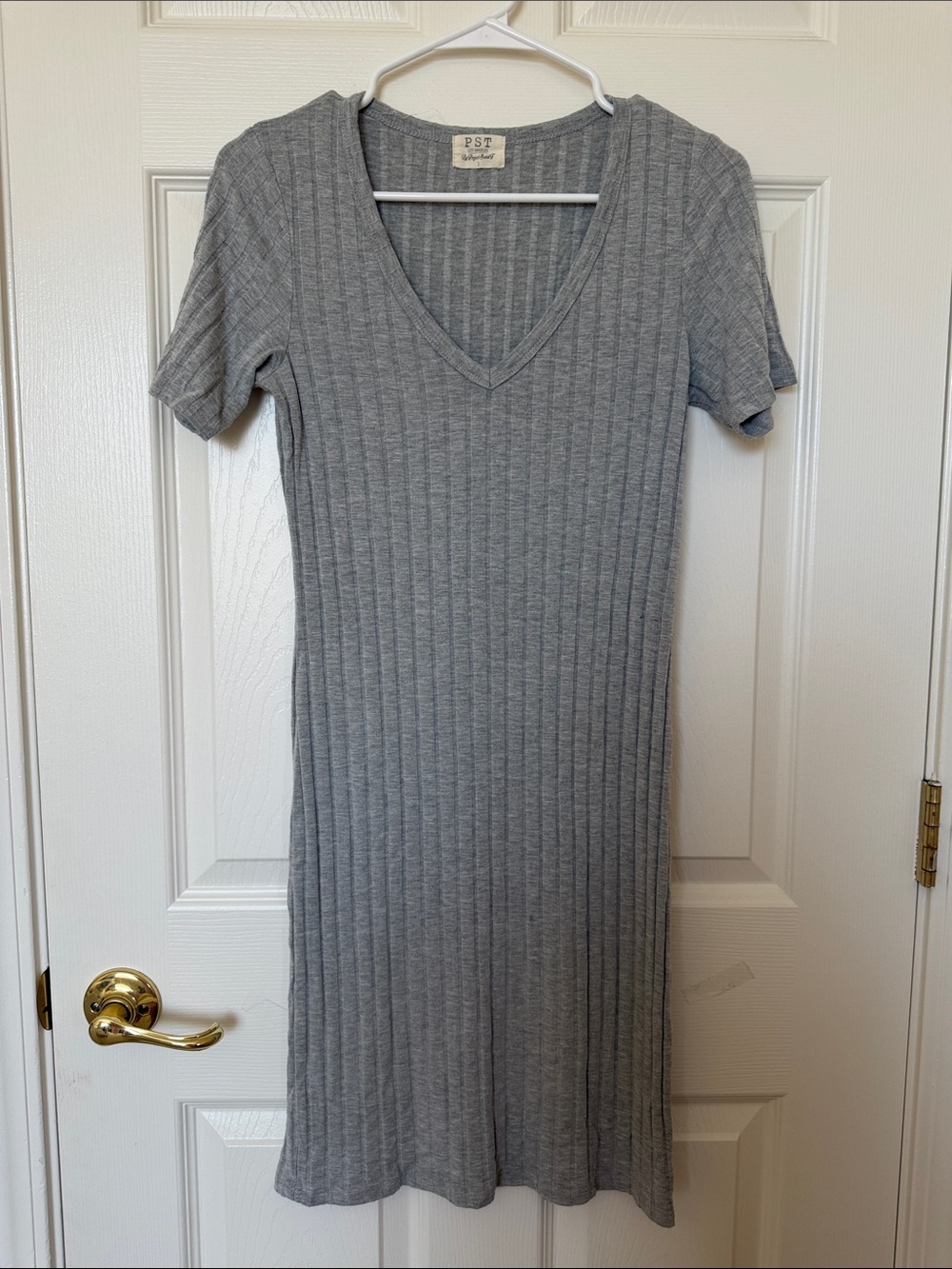 P.S. Fitted Ribbed V-Neck Dress in Gray